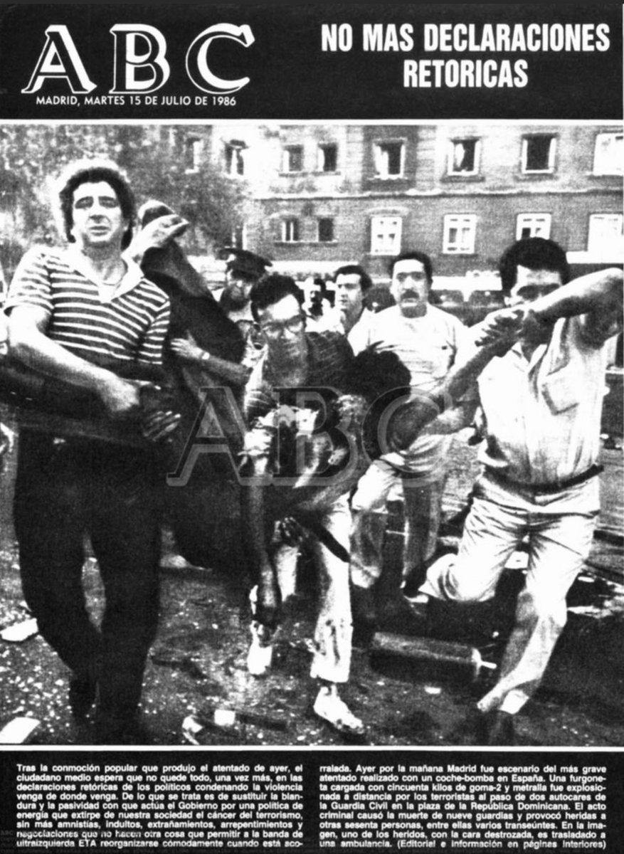 MemorialVT's tweet photo. 14/07/1986. Madrid. Se cumplen 40 años del asesinato por ETA-m del @guardiacivil CARMELO BELLA ÁLAMO. Asesinado en el atentado múltiple de la plaza de la República Dominicana. Una furgoneta-bomba estalló al paso de un convoy de vehículos de la Benemérita. https://t.co/1Tz9xZfkmC