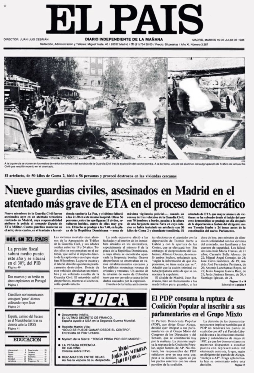 MemorialVT's tweet photo. 14/07/1986. Madrid. Se cumplen 40 años del asesinato por ETA-m del @guardiacivil CARMELO BELLA ÁLAMO. Asesinado en el atentado múltiple de la plaza de la República Dominicana. Una furgoneta-bomba estalló al paso de un convoy de vehículos de la Benemérita. https://t.co/1Tz9xZfkmC