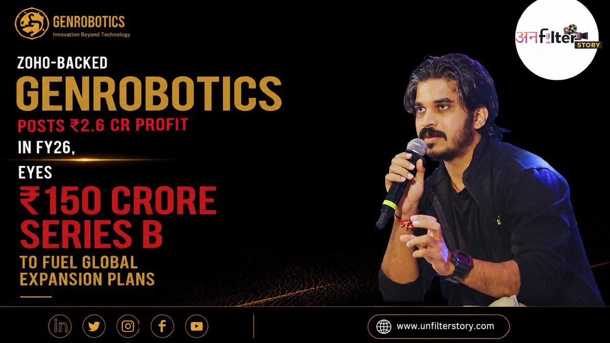 Unfilterstory's tweet photo. @Zoho-backed @GenRobotic posted ₹43.7 Cr revenue in FY26, up 35% YoY, while PAT nearly tripled to ₹2.6 Cr. 

It is now eyeing a ₹150 Cr Series B round to expand manufacturing, backed by a ₹155 Cr revenue pipeline. India’s robotics story is scaling fast.

#Robotics #Startups https://t.co/7IBY4yBKmI