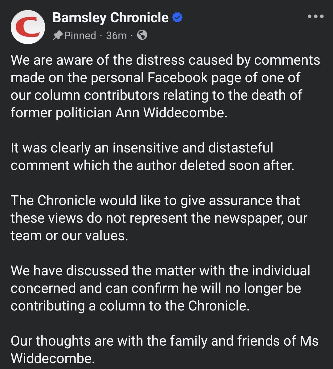 CopMoustache's tweet photo. Fast and decisive action from my local newspaper here about a contributor who posted vile comments about Ann Widdecombes death on Facebook https://t.co/iyZvBFZEoB