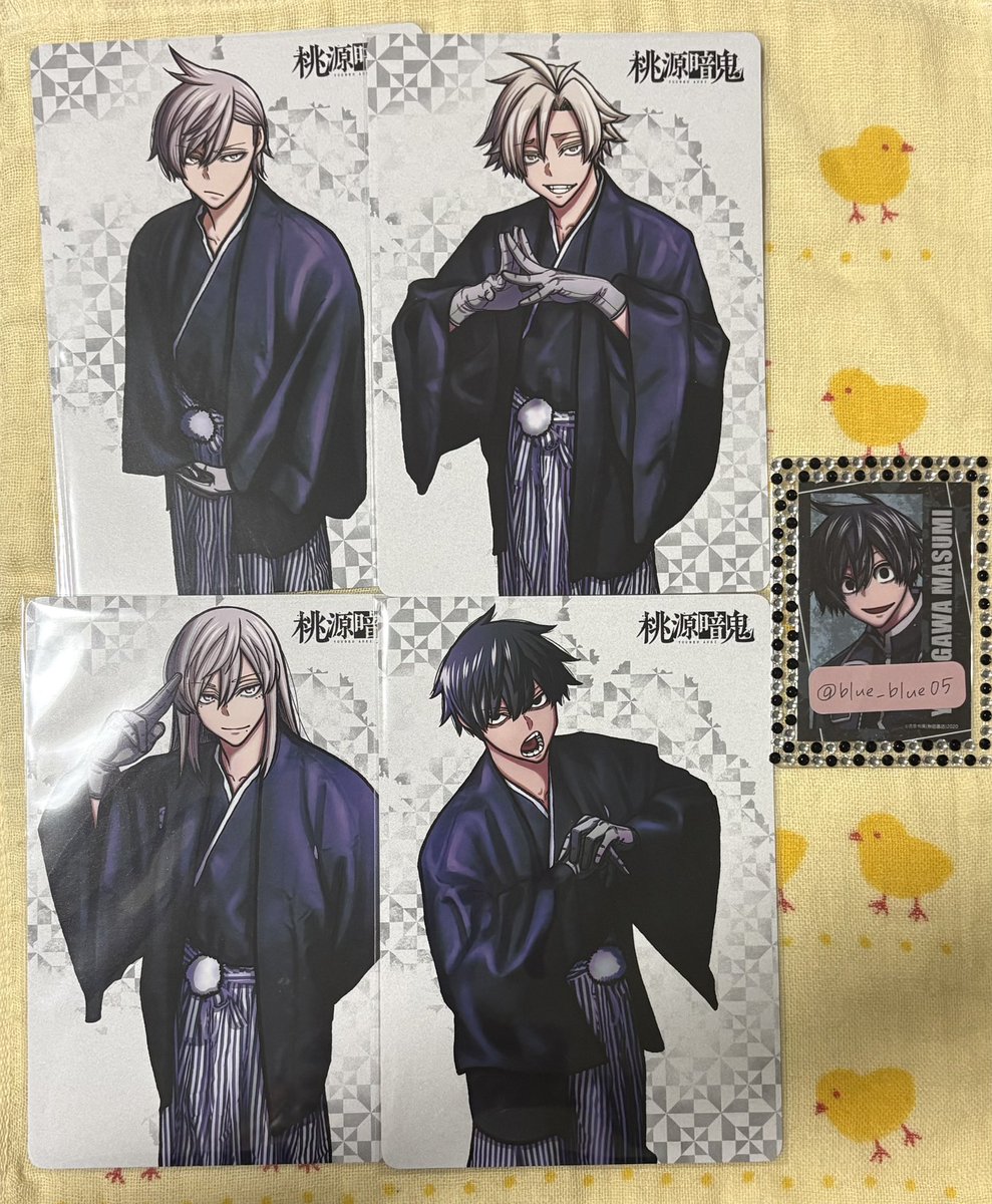 blue_blue05's tweet photo. 【交換】桃源暗鬼 ビジュアルボード アニメイト

譲：一ノ瀬 ☆無陀野 ☆花魁坂 皇后崎 桃寺 桃宮 桃角 桃井戸
(写真にはございませんが、後日交換分で無陀野1点、桃寺1点届きます)

求：淀川

☆以外であれば抱き合わせ、比率違い(2:1)可能です
郵送交換または仙台手渡し希望。 https://t.co/Gk8SmzyC9Y
