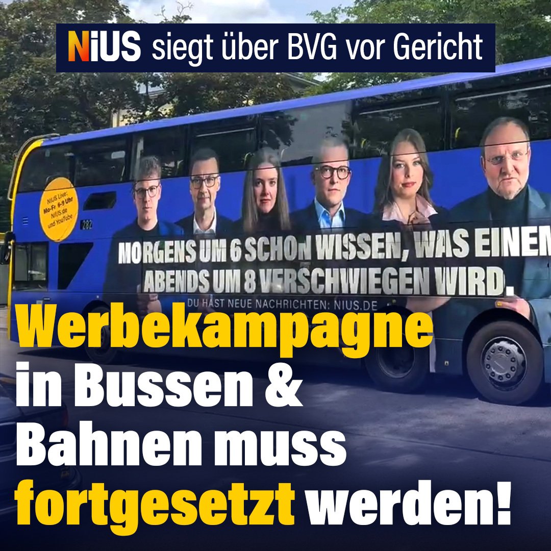 niusde_'s tweet photo. Nach der prominenten NIUS-Werbekampagne in der Berliner U-Bahn und an Bussen erklärten die Berliner Verkehrsbetriebe (BVG) im Juni, dass die Kampagne gestoppt werde. NIUS ging gegen die Maßnahme vor Gericht und siegte.
https://t.co/X3Giwed1ns https://t.co/ynmsdMGWUd