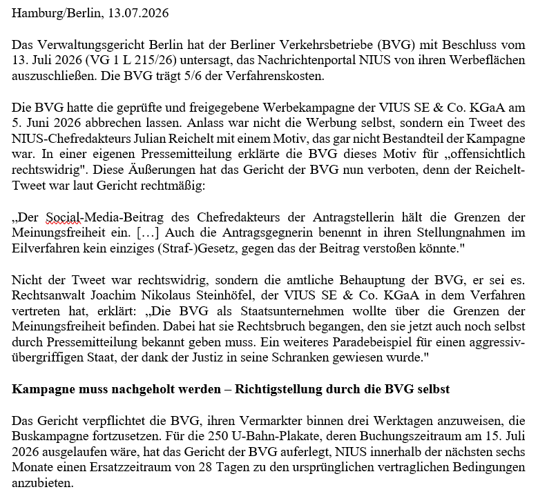 Steinhoefel's tweet photo. PRESSEMITTEILUNG
Verwaltungsgericht Berlin stoppt Berliner Verkehrsbetriebe (BVG): Werbekampagne von NIUS muss fortgesetzt werden – BVG muss Niederlage selbst öffentlich bekanntgeben https://t.co/pPuCCGetsQ