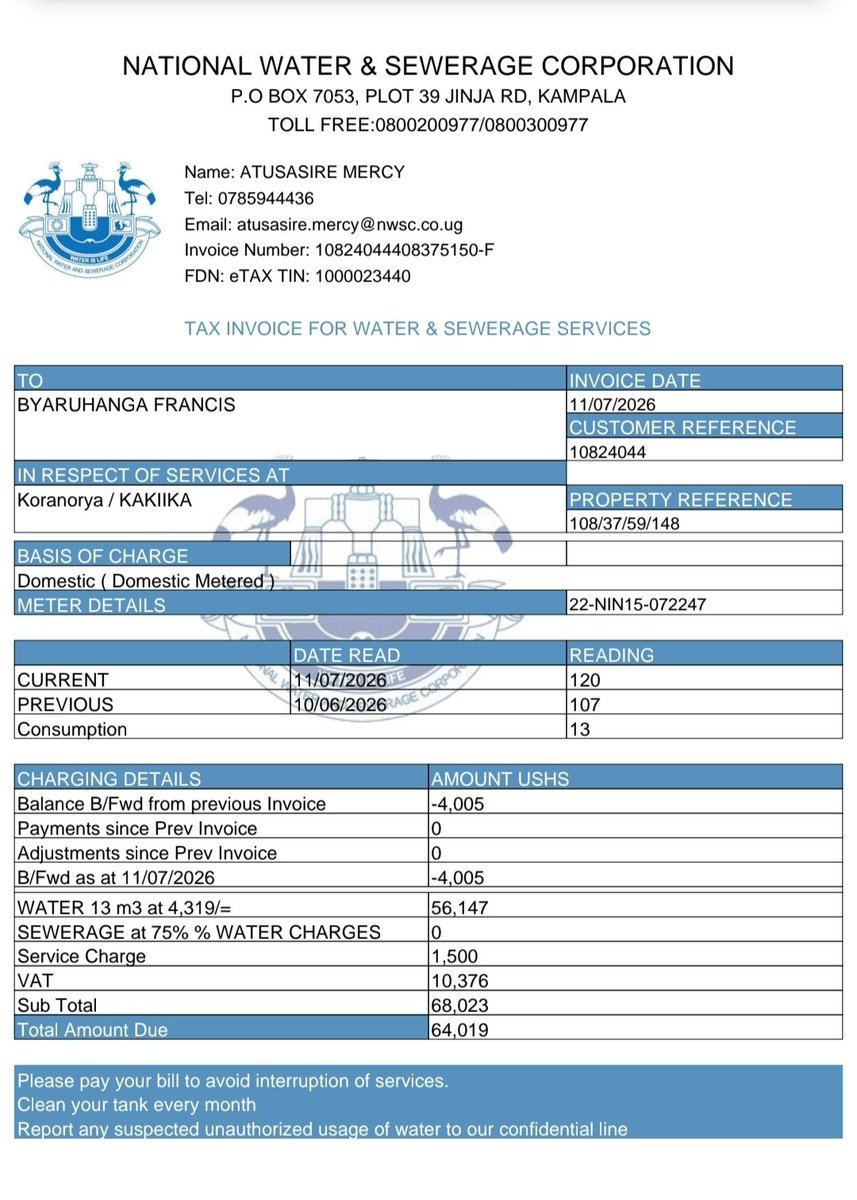 francoB_50's tweet photo. @nwscug Mbarara. You too my metre readings on 11 July 2026 which were 107 yet your invoice is billing at 120 the metre hasnt reached, what type of thuggery is this. Refer to the pix attached and put your books right.
Frank 0772340437 https://t.co/ilaWuuyxyE