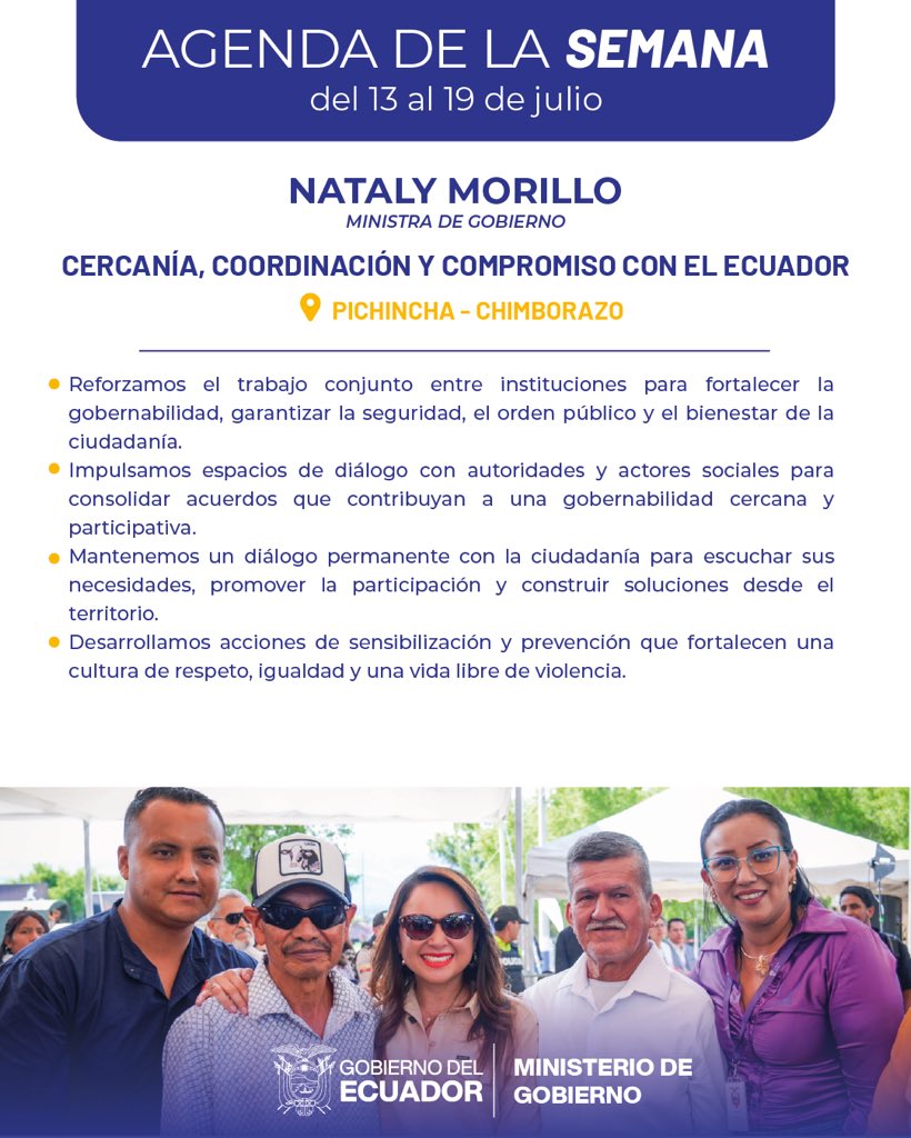 MinGobiernoEc's tweet photo. 🇪🇨Más territorio, más cercanía, más resultados para la ciudadanía.

Esta semana impulsamos una agenda de trabajo para fortalecer la gobernabilidad, el trabajo articulado y la atención cercana a las necesidades de las familias ecuatorianas. https://t.co/u4QxJ8TRC0