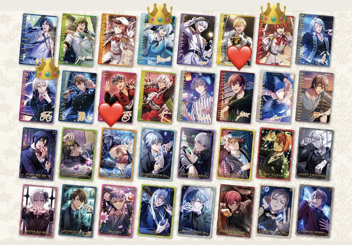 rose00401's tweet photo. アイナナ ウエハース 27 交換 郵送
譲：箔▶︎一織2 大和1 龍之介1 悠1 巳波1
      💎(環、陸以外なら１～2枚ほど所持)
求：👑>❤️それぞれ1枚ずつ

纏めての方、同種の方優先
19日 カフェ付近手渡し可能 https://t.co/5Im6jRhDF4
