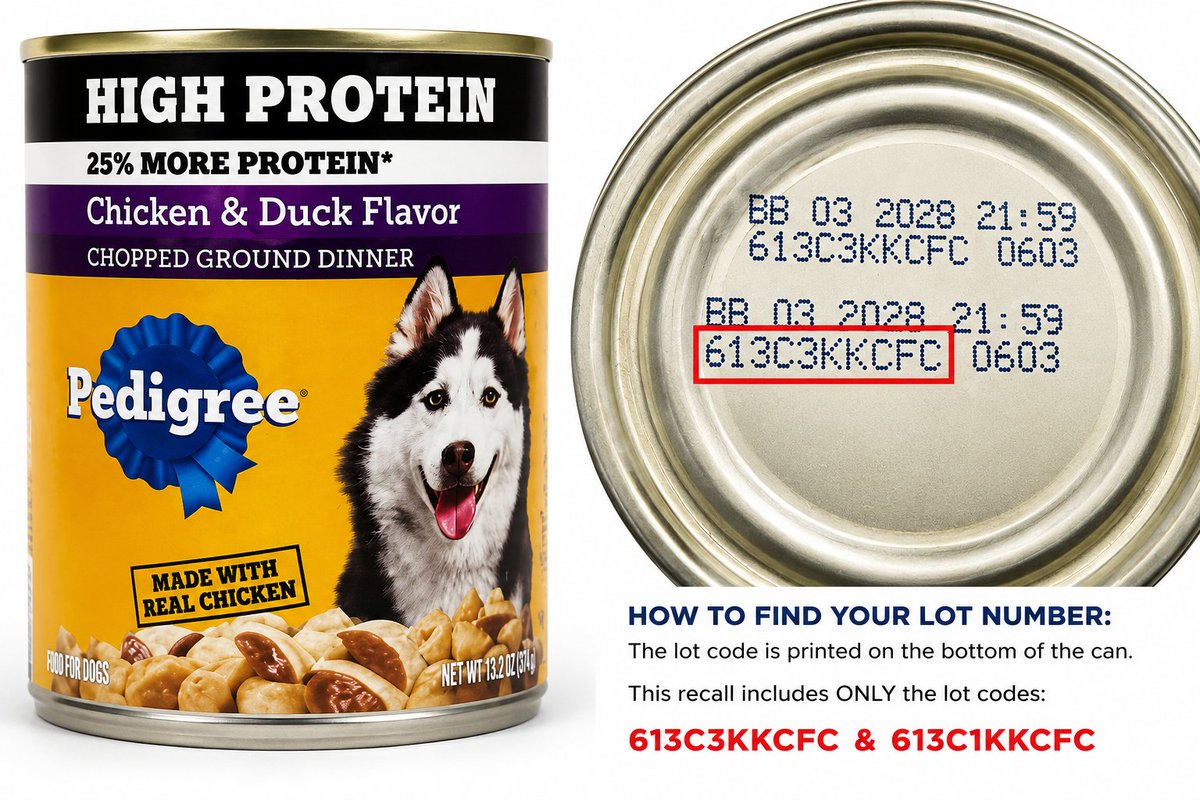 snookyvegas's tweet photo. ⚠️ PEDIGREE has recalled two lots of High Protein Chicken & Duck canned dog food after products intended for destruction were allegedly diverted and sold in the U.S.

The food may contain sharp metal and plastic fragments.

Read more: https://t.co/TEHD4Q8FDp

#DogFoodRecall #Pedigree #PetSafety #FDA