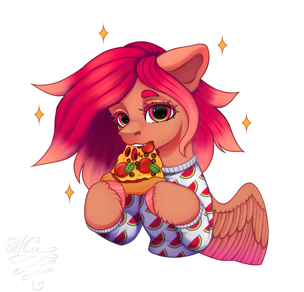 Prosta16Jenka's tweet photo. I’ve got a new profile picture – I’ve finally found the time to draw something for myself ^^ 
Yeah, I really love pizza🍕
 #adoptable #pony #digitalart #originalcharacter #adoptablesopen #female #mare #mlpart #ponyart #mlpdrawings #mlpsketch #ponydrawing #mlpnsfw #ponynsfw #pizza https://t.co/Q88fa9JBkf