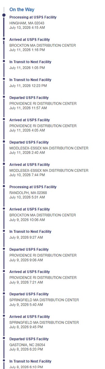 _CoryOBrien_'s tweet photo. For anyone still wondering why @USPS is going under, just look at this tracking.  Package arrived in MA on 7/8 and still is not out for delivery.  Hingham is nowhere close to me. https://t.co/3ZOqT6t24o