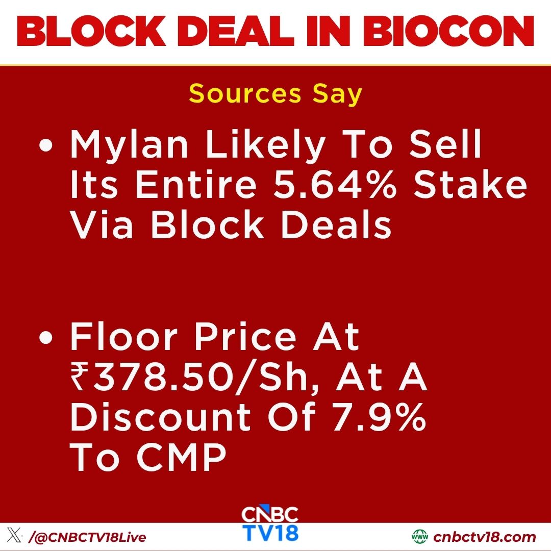CNBCTV18Live's tweet photo. #BlockDeal | Block Deal In #Biocon;
Sources Say That #Mylan Likely To Sell Its Entire 5.64% Stake In Co Via Block Deals https://t.co/y25lQNfzBa