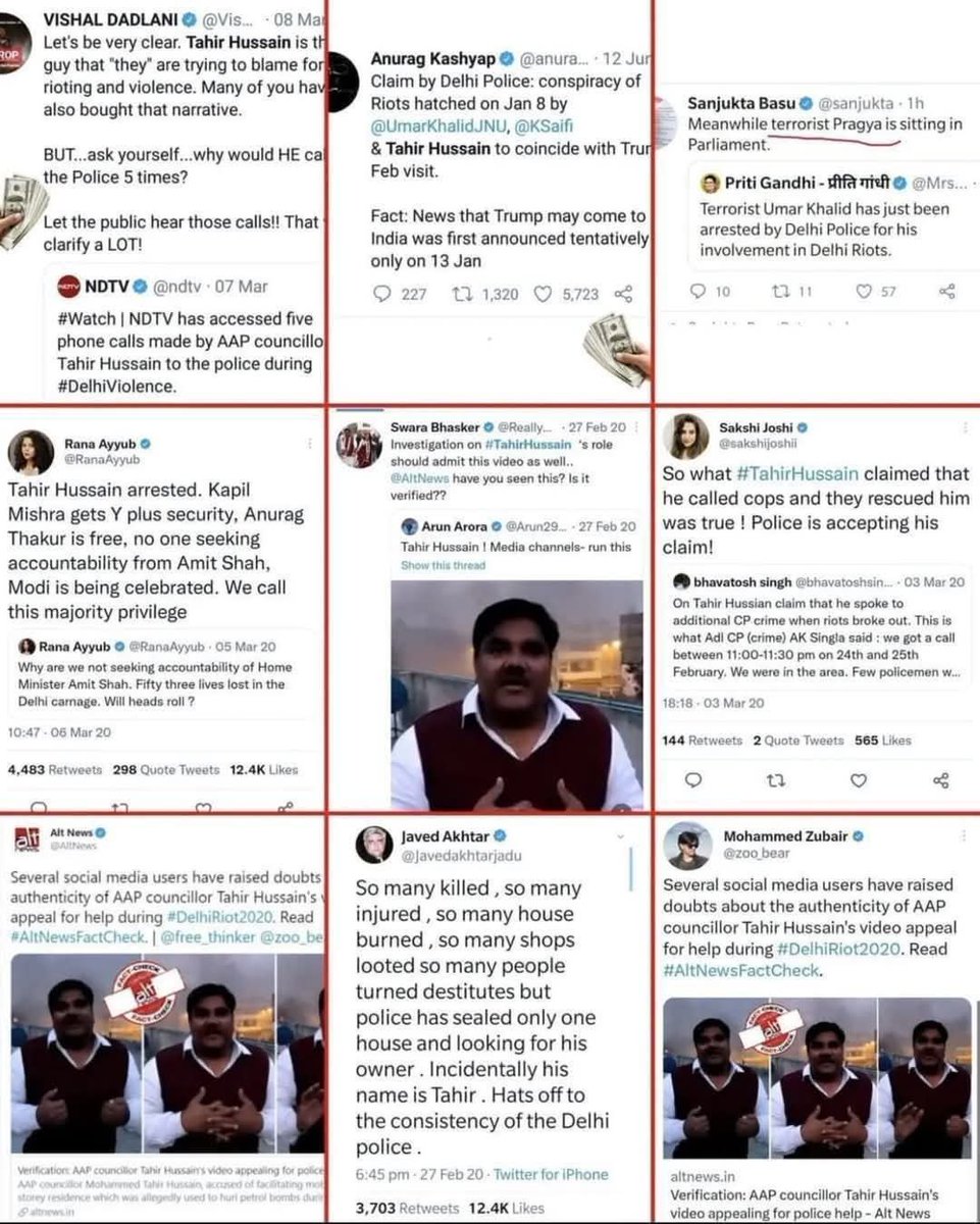 jpsin1's tweet photo. आज कोर्ट ने आम आदमी पार्टी के पार्षद रहे और केजरीवाल के करीबी ताहिर हुसैन को दिल्ली दंगा की शाजिस रचने दिल्ली दंगा करने और आईबी अधिकारी अंकित शर्मा की हत्या करने के लिए दोषी करार दिया

अब उसे फांसी या आजीवन कारावास की सजा तय है

लेकिन जब दिल्ली दंगे भड़के थे और पूरी मीडिया ताहिर हुसैन पर सवाल उठा रही थी तब पूरा जिहादी इकोसिस्टम जिसमें अल्ट न्यूज दोगला जुबेर फिल्मों के द्वारा कट्टर जेहाद फैलाने वाला जावेद अख्तर साक्षी जोशी  एनडीटीवी विशाल ददलानी अनुराग कश्यप स्वरा भास्कर यानी पूरा का पूरा जेहादी वामपंथी कांग्रेसी इकोसिस्टम ताहिर हुसैन के बचाव में उतर आया था 

और ताहिर हुसैन को नेक इंसान घोषित कर दिया था

ताहिर हुसैन दिल्ली से “आम आदमी पार्टी” का एक पार्षद था। 
 
न वो केंब्रिज का स्टूडेंट था, न उसके पिता जी या दादी जी प्रधानमंत्री थी। 

न उसका कोई बहुत बड़ा राजनीतिक रसूख था न वह कोई बड़ा बॉलीवुड कलाकार थ और न ही कोई हज़ारों करोड़ का मालिक। 

फिर भी दंगा भड़काने से लेकर अंकित शर्मा को 51 चाकू मार कर नाले में फेंक देने और अपने घर की छत पर चार खतरनाक गुलेल फिट करवाने जिसके द्वारा हिंदुओं के घरों पर पेट्रोल बम फेंके जाने और कई मोबाइल पेट्रोल बम गुलेल बनाने से लेकर उसके घर में कई खतरनाक हथियार छतों पर पत्थर पेट्रोल बम मिलने के के बाद भी और वीडियो में दंगा भड़काने के निर्देश देते हुए पकड़े जाने के बाद भी उसको बचाने के लिए कई बॉलीवुड सिंगर, डायरेक्टर, राइटर, कुछ अंतरराष्ट्रीय पत्रकार, कुछ पार्किंग लॉट में शादीशुदा और दो बच्चे के बाप से रंगरेलियां मनाने वाली पत्रकार से लेकर कुछ न्यूज़ चैनल और फ़ैक्ट चेकर से लेकर राज्य सभा के सांसद, संजय सिंह तक सब क्यूँ दिन रात एजेंडा चला रहे थे, क्यूँ ये सब उसको बचाने की कोशिश कर रहे थे ??? 

क्योंकि वो एक मुसलमान था और इसे कहते हैं ईकोसिस्टम…॥…॥

कल कोर्ट ने तमाम सबूतों के आधार पर ताहिर हुसैन को दिल्ली के दंगों में दोषी मान लिया और आज सजा सुनाएगी 

लेकिन यह सारे दलाल आज चुप है आप इस तस्वीर को जूम करके पढ़िए और यह जो नाम है यह अगर कभी आपको दिख जाए तो इनके मुंह पर कालिक पोत दीजिए कि उन्होंने एक दंगाई को बचाने के लिए पूरी ताकत लगा दी