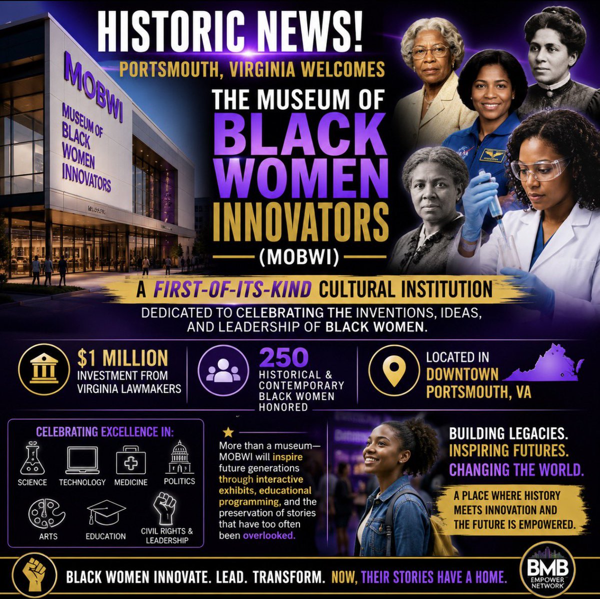 Bmbempower's tweet photo. 🚨 HISTORY IS BEING MADE! ✊🏾🏛️

A first-of-its-kind institution is coming to Portsmouth, Virginia.

The Museum of Black Women Innovators (MOBWI) is opening to honor the extraordinary achievements of 250 historical and contemporary Black women whose inventions, ideas, leadership, and innovation have helped shape America and the world.

Backed by a $1 million investment from Virginia lawmakers, this groundbreaking museum will celebrate excellence in science, technology, medicine, education, politics, the arts, and civil rights—while inspiring future generations to dream bigger and achieve more.

For far too long, many of these stories have gone untold. Now, Black women’s brilliance will have a permanent home where their legacies can educate, inspire, and empower generations to come.

👏🏾 This is more than a museum—it is a celebration of history, innovation, and the limitless power of Black women.

#BlackWomenInnovators #BlackHistory #Innovation #RepresentationMatters #PortsmouthVA #Virginia #BlackExcellence #STEM #Education #HistoryMatters #BMBEmpowerNetwork