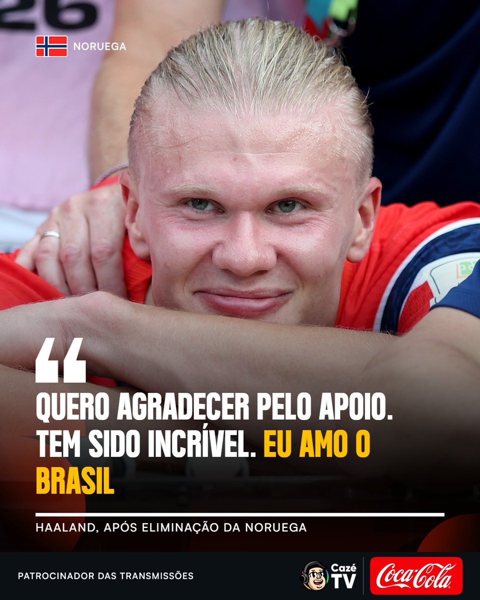 CazeTVOficial's tweet photo. Todo o carinho e reconhecimento de Haaland com o Brasil, após a Noruega ser eliminada da Copa 👏

Apesar de tudo, nós também NÃO TE ODIAMOS, Haaland 😂❤️ 

#CoberturaCazéTV #CopaNaCazéTV #PostPatrocinado #CocaCola #cztv25 #cztv40 https://t.co/Gg9OTqZyVd