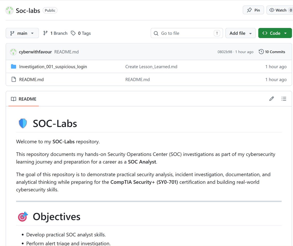 Favournmes's tweet photo. Day 46/90

Today’s lesson: SOC Fundamentals.

Learned about:

Tier 1, 2 &amp; 3 SOC Analysts
Event vs Alert vs Incident
Alert investigation workflow

Also spent time rebuilding my GitHub  and created my SOC-Labs repo.

#CyberSecurity #CompTIA #BuildInPublic #90dayschallenge https://t.co/8xWMt3LLXZ