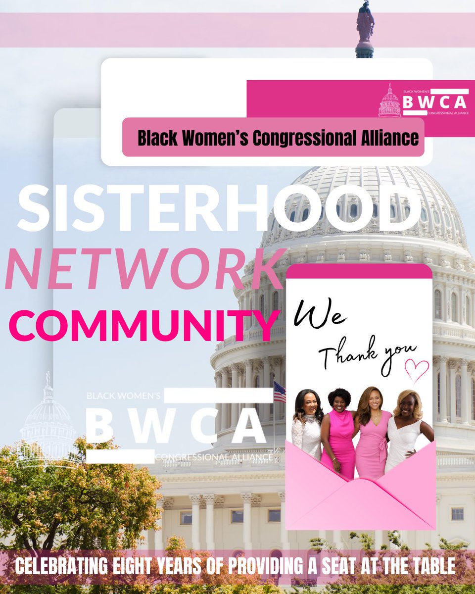 BWCADC's tweet photo. Eight years ago, 4 Black women on Capitol Hill said yes to a vision. Today, the Black Women’s Congressional Alliance is a thriving network of 1,200+ women building bridges, breaking barriers, and uplifting one another.

To our founders, thank you for your vision and leadership. https://t.co/NSGWR4Uvbs