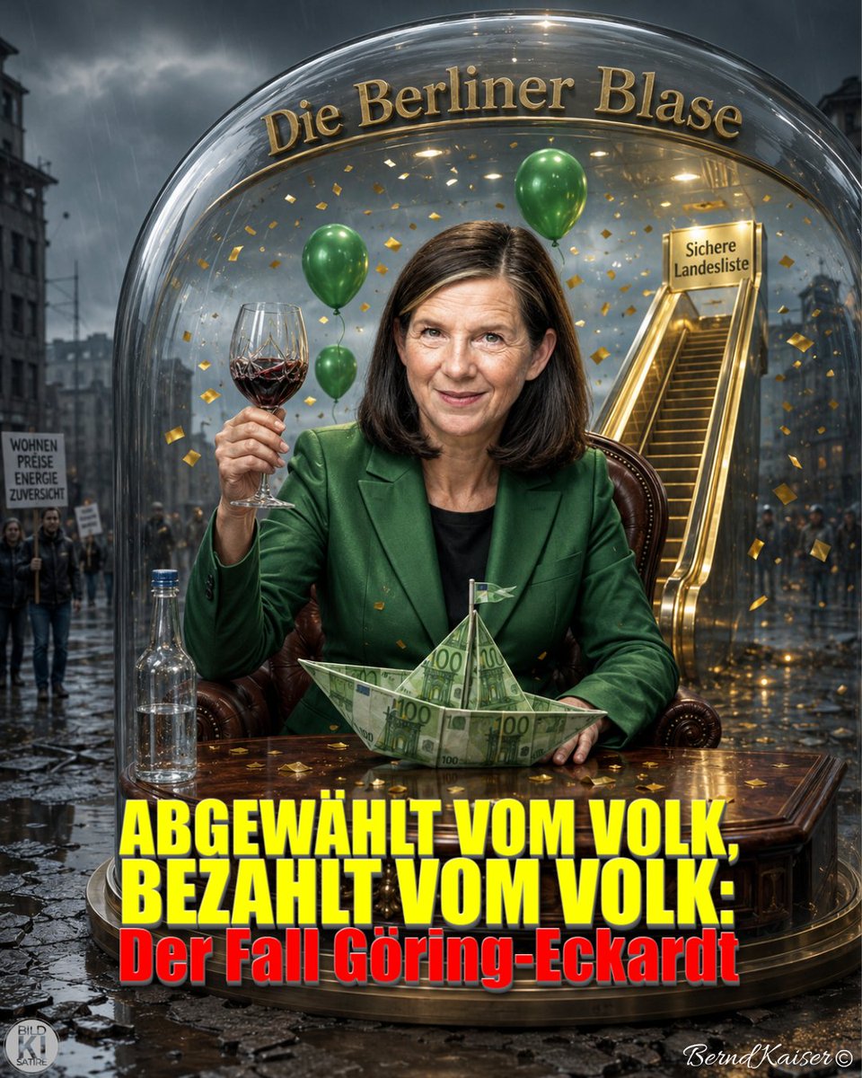 Bernd_Kaiser_BD's tweet photo. Vom Tellerwäscher zum Millionär war gestern. Der wahre Traum vom Aufstieg findet heute im „besten Deutschland aller Zeiten“ statt: 
Von der Studienabbrecherin ohne Berufsabschluss zur Multimillionärin auf Steuerzahlerkosten. 
Vorhang auf für die beispiellose Karriere der Katrin Göring-Eckardt!

Ihre politische Erfolgsbilanz ist an Konsequenz kaum zu überbieten: Achtmal trat sie bei Bundestagswahlen an, um ein Direktmandat zu erringen. Achtmal wurde sie von den Wählern an der Wahlurne krachend abgewiesen. 
Das Ergebnis? Ein ewiges Dauerticket für das Parlament über die sichere Landesliste der Grünen. 
Wer braucht schon die lästige Zustimmung des Souveräns, wenn man sich auf die parteiinterne VIP-Loge verlassen kann?

Die fachliche Expertise der Dauer-Mandatsträgerin ist dabei geradezu legendär. 
Im öffentlich-rechtlichen Frühstücksfernsehen belehrte sie das staunende Volk einst völlig ungerührt, die Nationalsozialisten hätten die Dresdner Frauenkirche zerstört. 
Historische Grundkenntnisse? 
Völlig überbewertet, wenn man doch die absolute moralische Deutungshoheit besitzt!

Besonders gerne predigt man aus dieser klimatisierten Berliner Blase heraus Wasser, während man genüsslich Wein trinkt. 
Man freut sich öffentlich und belehrend über die „drastischen Veränderungen“ im Land, von deren negativen Folgen man im elitären, gut situierten Kiez natürlich völlig verschont bleibt. 
Und weil grüne Solidarität bekanntermaßen am besten in der eigenen Familie funktioniert, fließen auch mal ganz zufällig staatliche Millionen an Steuergeldern in den Seenotrettungsverein des eigenen Lebensgefährten. 
Ein Schelm, wer Böses dabei denkt!

Während draußen im Land die Infrastruktur bröckelt und politische Proteste eskalieren, feiert die grüne Klasse so etwas zynisch als buntes „Fest der Demokratie“. 
Von der Küchenhilfe zur steuerfinanzierten Millionärin, die auf die Lebensrealität der Bürger herabblickt – Leistung lohnt sich in Deutschland eben doch noch. 
Man muss nur das richtige Parteibuch haben.

#KatrinGöringEckardt #Grüne #FestDerDemokratie