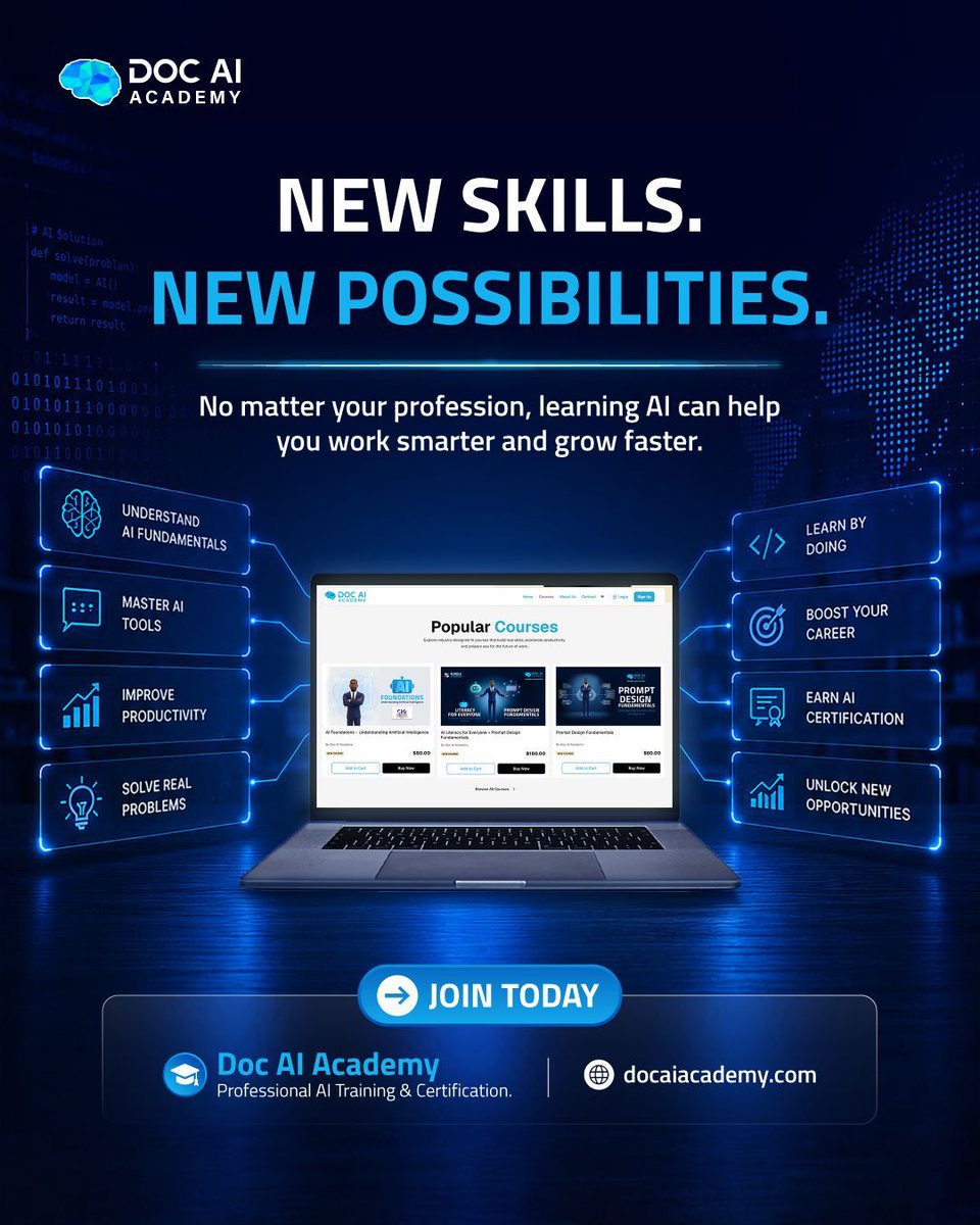 docaiacademy's tweet photo. Every AI skill you learn has the potential to create new opportunities.

🚀Start your AI journey today 🌐 https://t.co/p0aeDBr94E

#AI #ArtificialIntelligence #DigitalSkills #FutureOfWork #Learning #ProfessionalDevelopment #CareerGrowth #Innovation #Entrepreneurship #DocAIAcademy https://t.co/rzTNiS7FhI