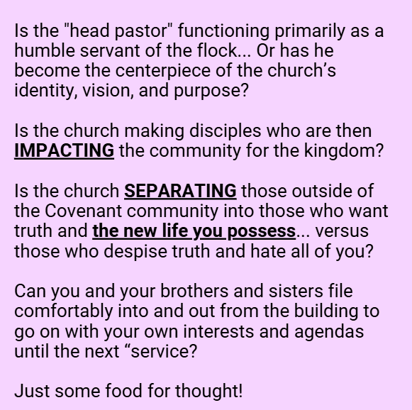 RisingDisciples's tweet photo. In the church you attend...

Do you KNOW the "head pastor"? Does he KNOW you?

Are a plurality of God-equipped under-shepherds raising the flock up into the fullness of the stature of Christ?

Is there one-to-another ministry?

Do all members have a role, function, &amp; voice? https://t.co/NsVTBDZ1op