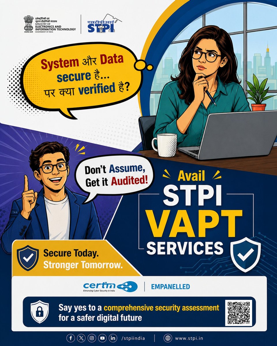 stpiindia's tweet photo. Strengthen your organisation's cybersecurity with STPI's cutting-edge VAPT (Vulnerability Assessment & Penetration Testing) services! 🛅

Our experts leverage advanced methodologies to identify vulnerabilities and fortify your digital infrastructure.

🔗 For more information visit: https://t.co/krkJEYajGD

#STPIServices #CyberSecurity #DataProtection #PenetrationTesting #SecureYourOperations  

@GoI_MeitY @AshwiniVaishnaw @JitinPrasada @SecretaryMEITY @arvindtw @_DigitalIndia @NeGD_GoI @startupindia @IndianCERT