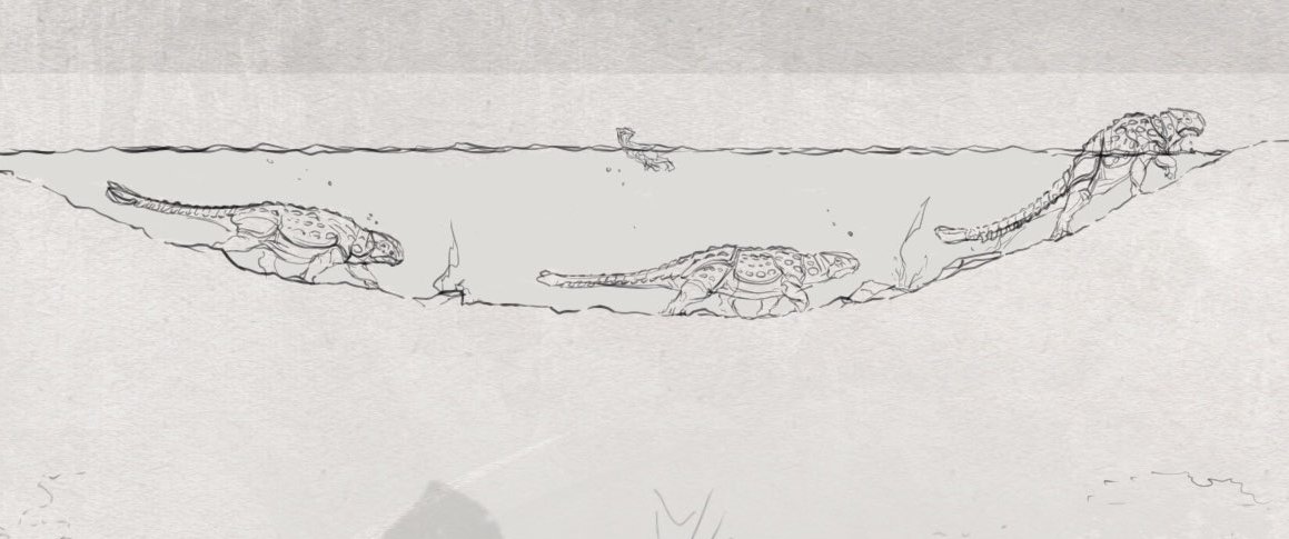Acro_Atokensis's tweet photo. 【The isle evrima新生物考察】
アンキロサウルス編

骨折付与
尻尾による攻撃は多大なダメージと共に相手の骨を粉砕する。

ディフェンススタンス
伏せて防御姿勢を取り
鎧を駆使して全方位からの攻撃を防ぐ

水底移動
重たい体は水の底に沈み
他の生物と違い池の底を歩いて移動できる。
#theisle https://t.co/BplVZcVbjI