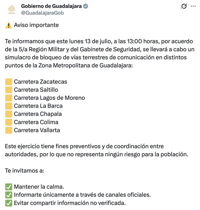 Ultrapuebla's tweet photo. 🚨Como parte de un ejercicio de preparación, #Jalisco realizará este lunes un #simulacro de bloqueos
#carreteros en siete puntos de acceso a la Zona Metropolitana de #Guadalajara. Autoridades alertan sobre posibles afectaciones al tránsito.
#FernandoCanales #UltraNoticiasPuebla https://t.co/lszdKvI9Kf