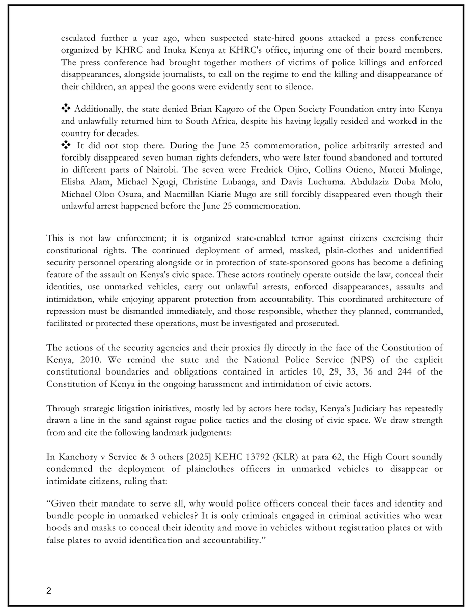 fidakenya's tweet photo. 1. JOINT STATEMENT: This is not law enforcement; it is organized state-enabled terror against citizens exercising their constitutional rights. The continued deployment of armed, masked, plain-clothes and unidentified security personnel operating alongside or in protection of... https://t.co/rCDijXtZ6G
