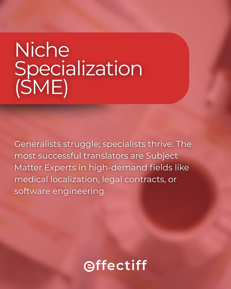 effectiff_com's tweet photo. The translation industry is changing faster than ever. To stand out, you need to be more than just bilingual.

With AI accelerating, basic fluency isn’t enough. The future belongs to specialists mastering MTPE, cultural transcreation, and niche domain expertise.

#Translation https://t.co/VwPaenXGMR