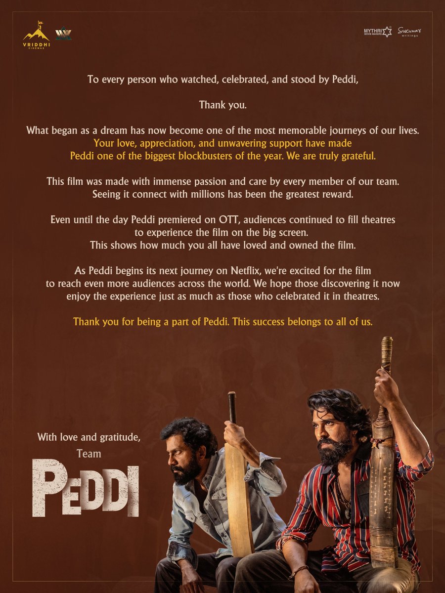PeddiMovieOffl's tweet photo. You celebrated #Peddi in theatres until its very last day on the big screen.

Now, as the film reaches homes across the world on Netflix, we'd like to say one thing...

Thank you. ❤️ https://t.co/tt4DF4tup0