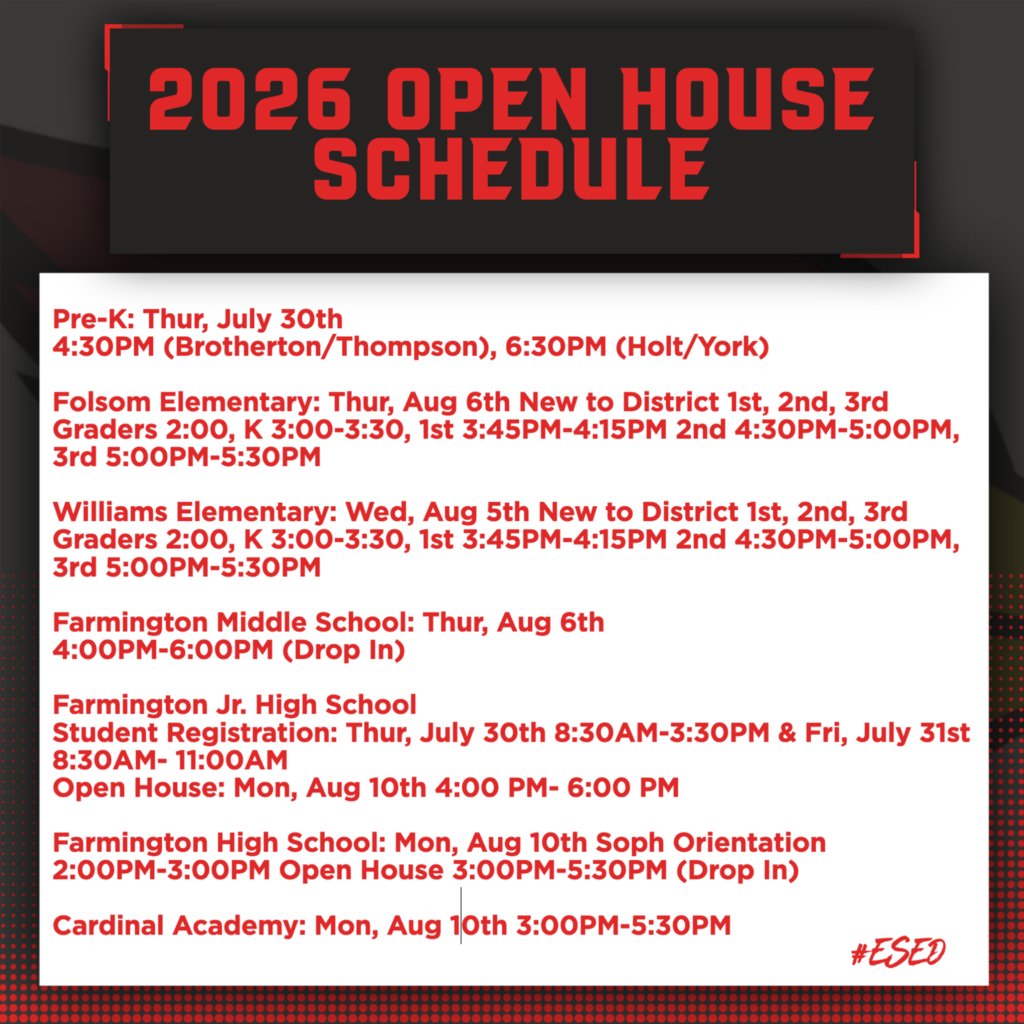 farmcards's tweet photo. Here are the open house dates for each campus. Please download our app by searching Farmington School District, AR for live updates and all things needed for your child's upcoming school year! #ESED https://t.co/BttcVoEx8M