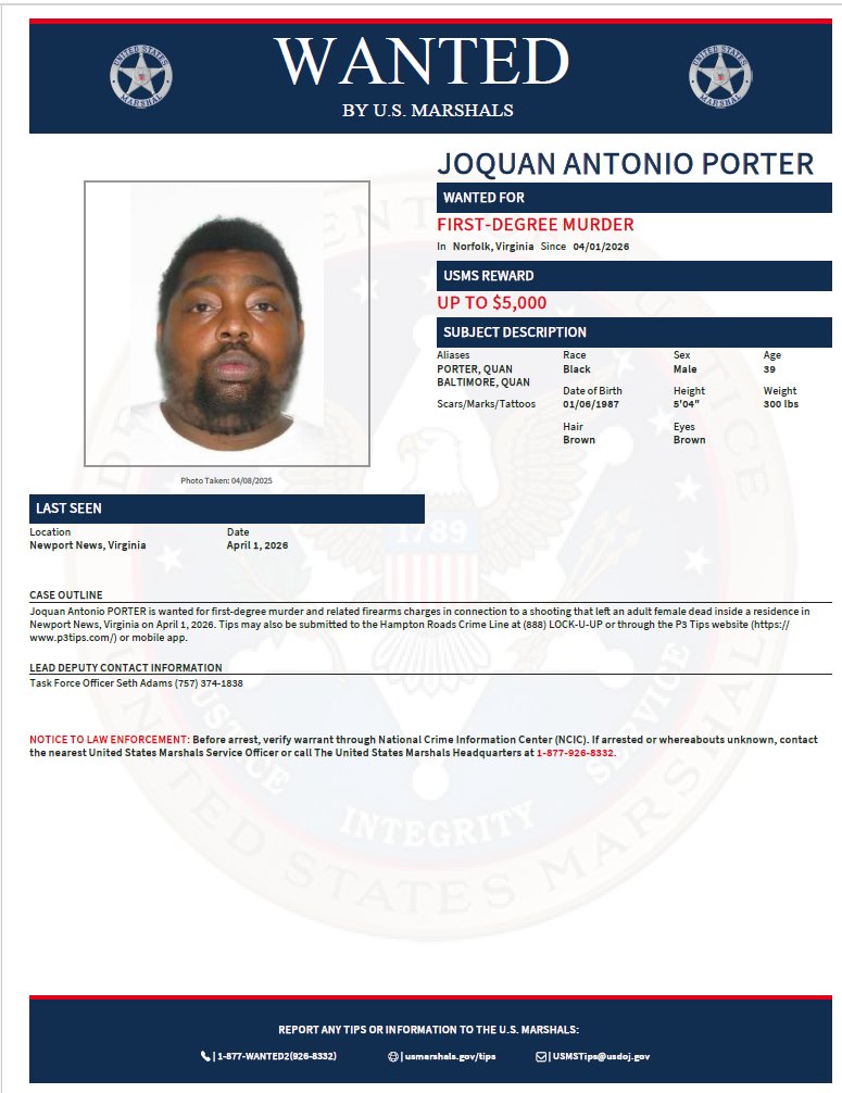 USMarshalsHQ's tweet photo. Joquan Antonio Porter is wanted for first degree murder. Last seen in Newport News, Virginia.  To submit a tip about a fugitive, go to https://t.co/6bFURsiTZq. 

#USMarshals #USMarshalsWanted https://t.co/nn0QnJ93W2