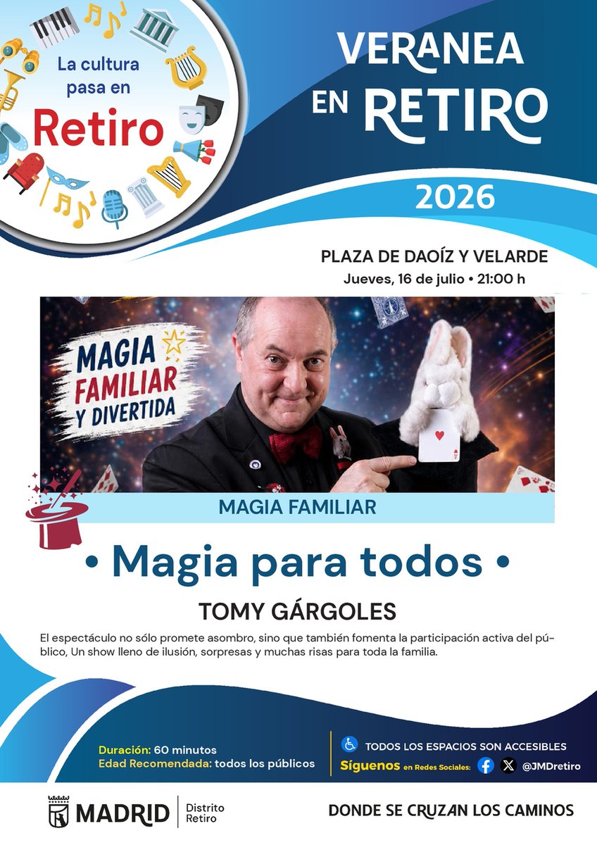 JMDretiro's tweet photo. Esta semana 'Veranea en Retiro' te ofrece magia familiar y teatro con muchas risas en 

📍Parque Roma
🎭 'Brujajaja' 📆 Martes 14⏰ 21 h
🎭 'Terapia grupal' 📆 Miércoles 15 ⏰ 21 h

📍Plaza Daoiz y Velarde
🎩 'Magia para todos' 📆 Jueves 16 ⏰ 21 h
 https://t.co/UGoD3mlNdu https://t.co/XeHGQVRPxw