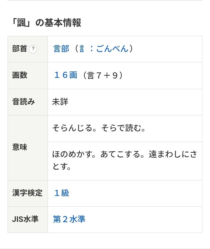 t__study__'s tweet photo. 別の字形(U+8BBD)にて、漢字辞典オンラインに記載があることは確認できたが、諷(U+8AF7)には無い…
ていうか音読み未詳ってなにごと？
なんか間違ってない？ https://t.co/TbgPGFBX17
