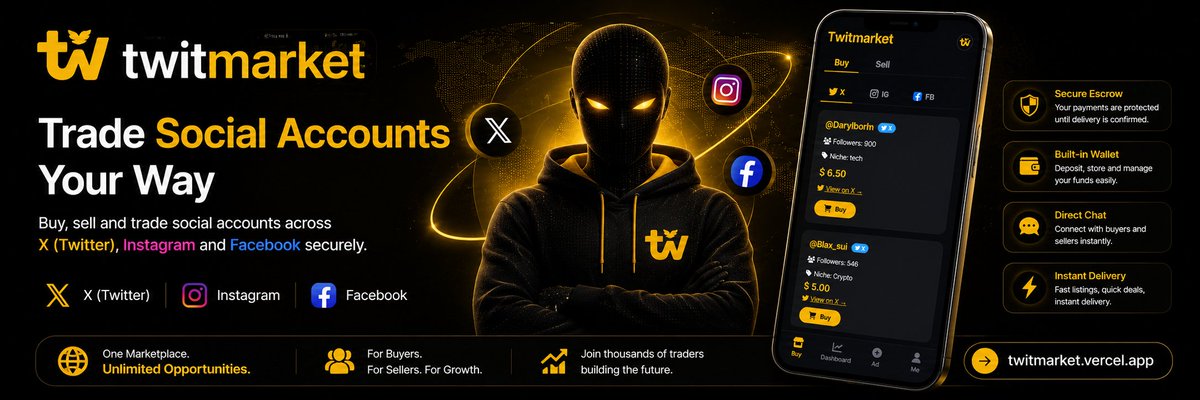 twitmarket_app's tweet photo. Starting the week with one goal.

Make buying and selling social accounts safer for everyone.

If youve been looking for an X, Instagram or Facebook account, check out the latest listings on Twitmarket.

This week could be the week you find the account you've been looking for.

https://t.co/ftJqoCK0wa