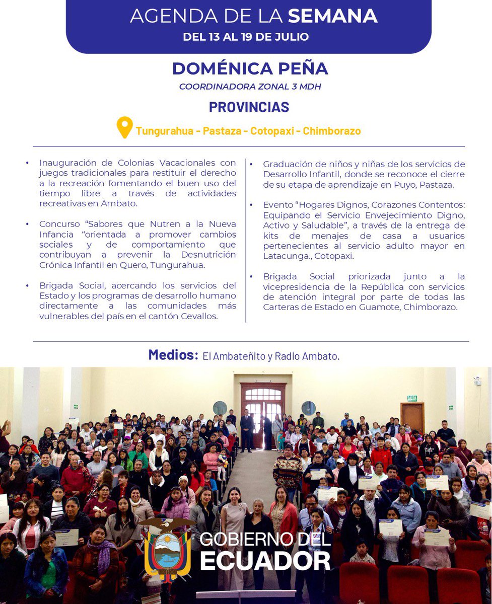 MiesZona_3's tweet photo. 📍 Nuestro trabajo continúa donde más se necesita. Esta semana recorreremos el territorio para acercar servicios, fortalecer el acompañamiento a los grupos prioritarios y seguir transformando vidas con acciones concretas. 💜🇪🇨

#MDHenTerritorio
#GobiernoDelEcuador https://t.co/WIiE1iMqa2