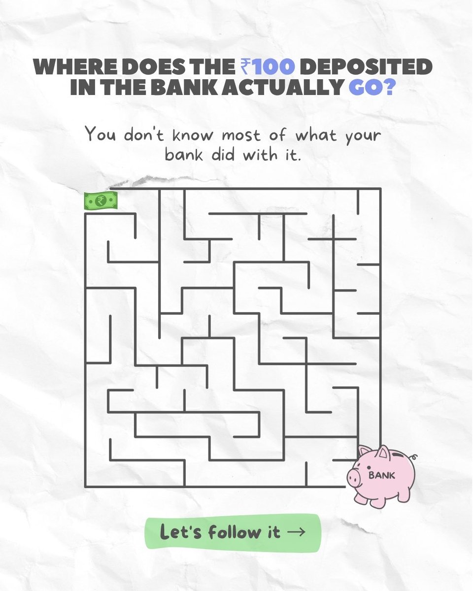 nikhilkamathcio's tweet photo. Did you know your ₹100 in the bank isn’t sitting in a vault?

It’s lent, spent, and re-deposited within hours. One printed ₹100 turns into ₹500 across the economy. Banks decide how much.

India runs this slower than the rest of the world. 50% credit-to-GDP against a global 148%. On purpose.

The instinct was built in 1969 and never left. It’s the shield that kept India out of 2008. It’s also the ceiling.

You can’t fully have one without the other..