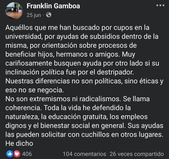Aladiestra1's tweet photo. El tema de Franklin Gamboa, cruza no solo la línea ética, sino la penal. 
Al margen de sus compras y abusos, USA CUPOS Y SUBSIDIOS de Universidad Pública como botín personal y más grave, aparentemente electoral.
DELITO: Código Penal, Ley 734 de 2002 (calificaba como falta gravísima). Artículo 411, modificado por la Ley 1474 de 2011. 
@PGN_COL @FiscaliaCol  @uniamazonia