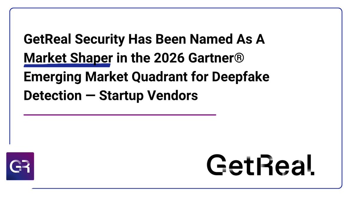forgepointcap's tweet photo. Deepfake detection is quickly becoming a core layer of enterprise security. Congrats to @GetRealSecurity on being named a Market Shaper in the 2026 Gartner® Emerging Market Quadrant for Deepfake Detection — Startup Vendors.
 
More: https://t.co/j3ZeIj3JQh
 
#forgepointfamily https://t.co/1jva5KLTlR