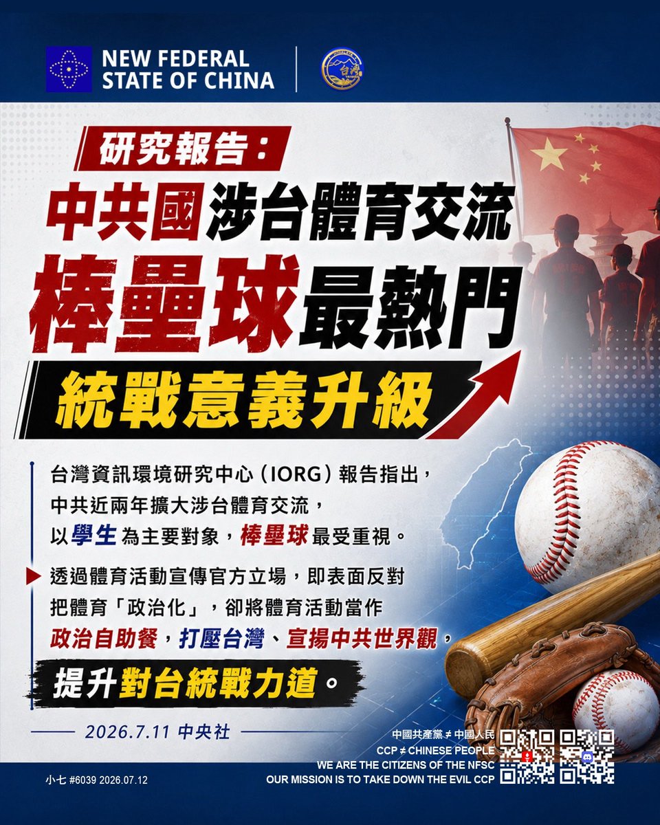 glinliin007's tweet photo. 研究報告:中共國涉台體育交流棒壘球最熱門
統戰意義升級
#台灣資訊環境研究中心(#IORG)報告指出,#中共 近兩年擴大涉台 #體育交流,以學生為主要對象,#棒壘球 最受重視。透過體育活動宣傳官方立場,即表面反對把體育「#政治化」,卻將體育活動當作政治自助餐,#打壓台灣、#宣揚中共世界觀,提升 #對台統戰 力道。
https://t.co/9nvMi7sMWN