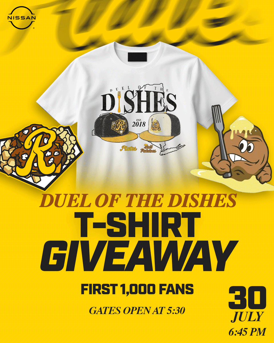 RocRedWings's tweet photo. 🍽️ Rochester's biggest food rivalry is back... but we all know there's only one right answer

Plates😏

Be one of the first 1,000 fans through the gates on July 30 and score an exclusive Duel of the Dishes T-shirt presented by Nissan. 

Rep Rochester's most iconic meal and let everyone know where your loyalty lies.

🕠 Gates open at 5:30 PM
⚾ First Pitch: 6:45 PM

Get Tickets 🎟️ 

https://t.co/Yer0lwr6wa
