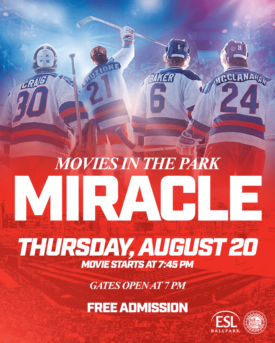 RocRedWings's tweet photo. 🇺🇸 Do you believe in miracles?

Experience one of the greatest sports stories ever told under the stars at ESL Ballpark.

🎬 Miracle
 📅 Thursday, August 20
 🕖 Gates Open: 7:00 PM
 🎥 Movie Starts: 7:45 PM

Admission is FREE. Bring a blanket, grab your friends and family, and enjoy a movie night at the ballpark.