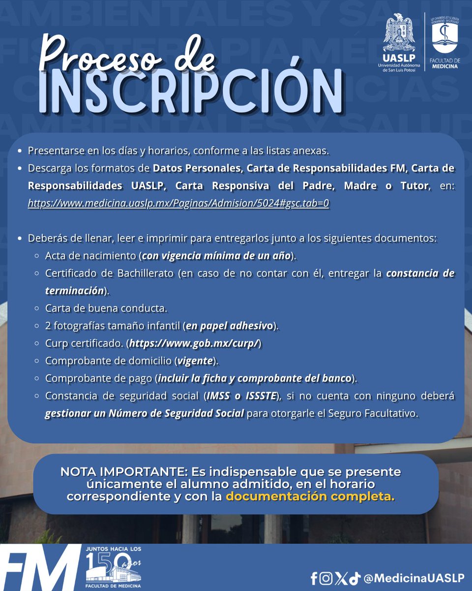 MedicinaUASLP's tweet photo. ¡Atención, estudiantes de nuevo ingreso!
Ya puedes consultar el proceso de inscripción a la #FacMed #UASLP.
https://t.co/9dZjhAfPu8 https://t.co/8rsjw1ft5L