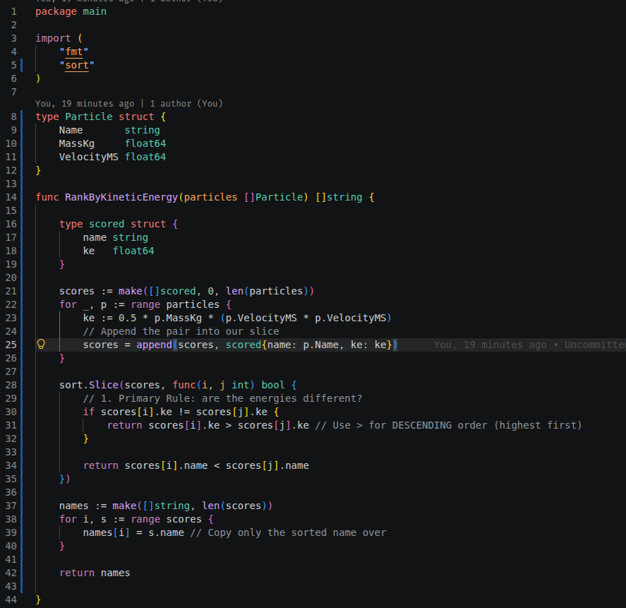 carrotdev_'s tweet photo. Go's sort.Slice takes a closure, not a comparator object. The whole "sort by energy DESC, then name ASC" spec is 4 lines: if unequal, return >; else return <. The less()  function IS the sort order.
#golang https://t.co/csdVr4hOpp