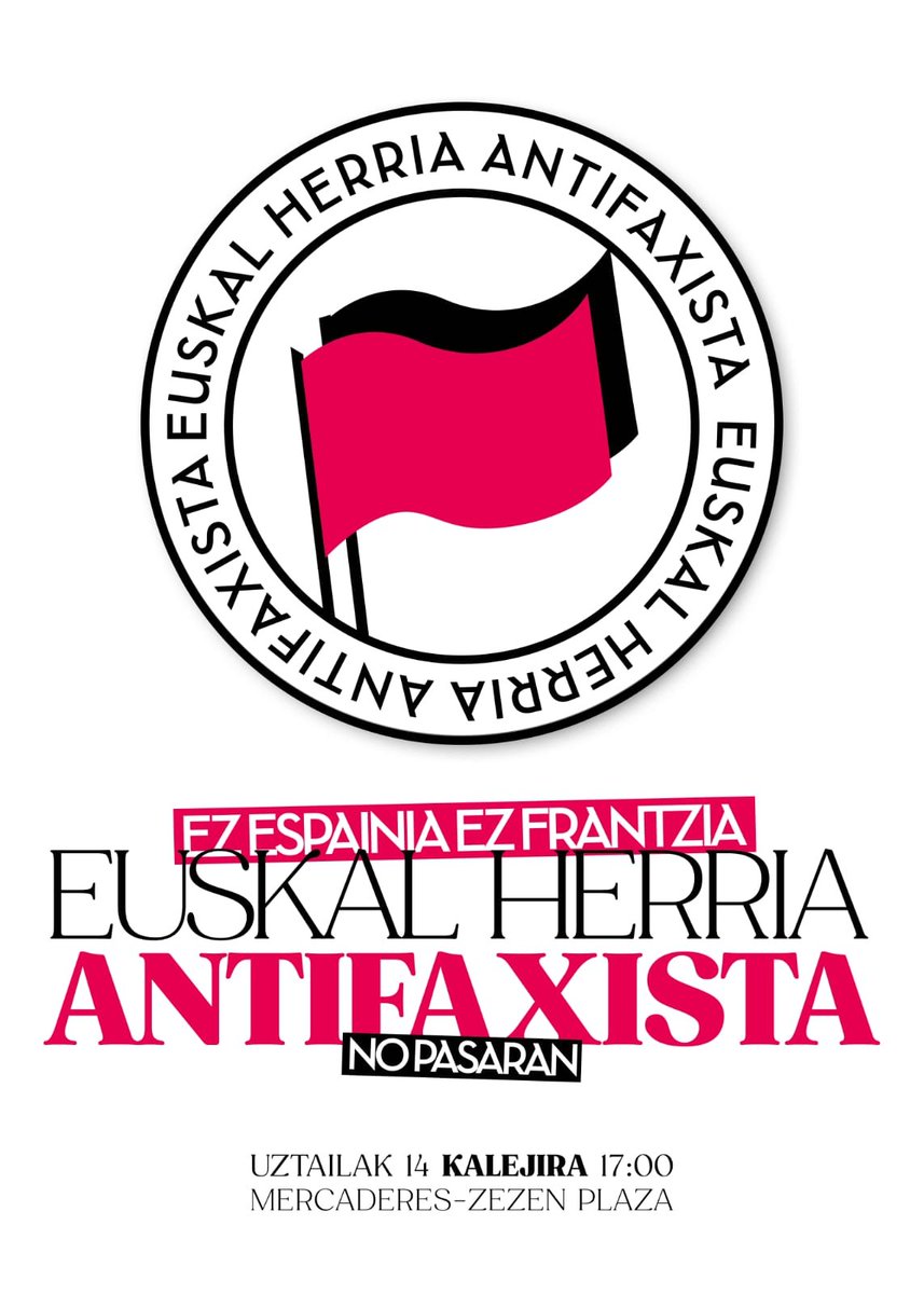 ErnaiNafarroa's tweet photo. Espainolismo atzerakoiaren olatuaren aurrean, hemen herri bat martxan dagoela aldarrikatuko dugu bihar, Sanferminen azken egunean. Deialdi herritar honen bitartez.

Ez Frantzia ez Espainia. 
Euskal Herria antifaxista. 
Ez dira pasako✊

17:00etan kalejira merkaderesetik. https://t.co/vIlcqFWEhd
