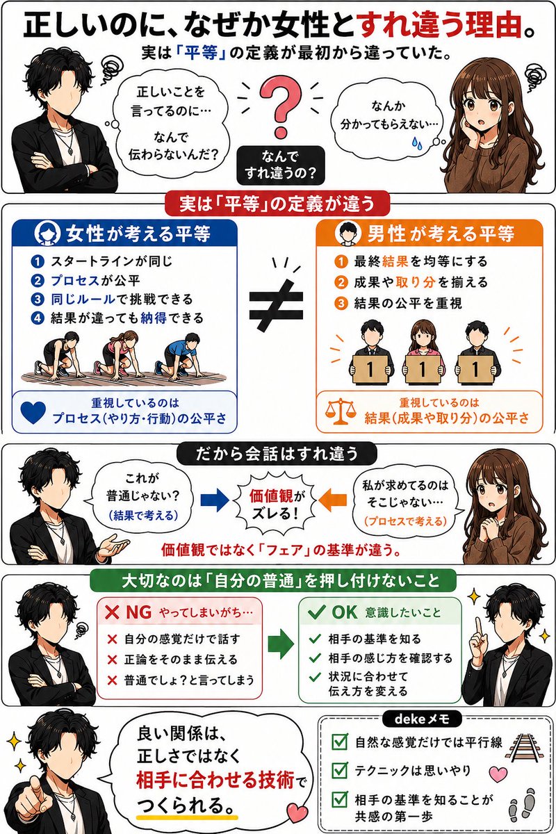 deke2o3's tweet photo. ある動画で言っていたんですけど、男女って「平等」の捉え方が最初からまったく違うみたいなんです。

👩女性：
「同じルール・同じスタートライン・同じ行動」という過程の平等。自分だけ成果が出ても、正しい過程を踏んでいれば問題ない。

👨男性：
「最終的な取り分や、目に見える成果をきれいに分ける」という結果の平等。

これ、共感の話にもすごく似てるなと思って。

僕は今まで、自分が正しいと思う別のゴールに向かって、無理やり彼女の手を引っ張っていたことに全然気づけていませんでした。

そもそも見ているゴールが違うんだから、自分の普通をそのままぶつけたってすれ違うのは当たり前。

だからこそ、センスや感覚でどうにかしようとせず、「こういう時はこう対応する」という確実なスキルとして持っておくことが大事になります！

仕組みとして淡々と対応すること。
それが結局、女性と良い関係を築くための最短ルートです！