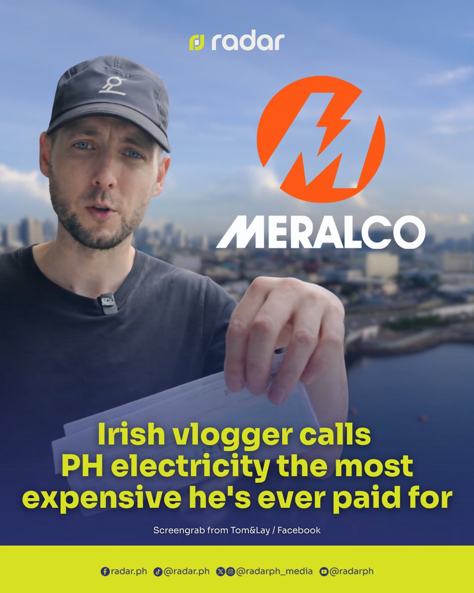 radarph_media's tweet photo. An Irish vlogger's complaint about his Meralco bill is making the rounds again, with his claim that the Philippines is “the most expensive country I've ever paid for electricity in” striking a chord with many Filipinos.

Tom, one half of the vlog couple “Tom & Lay,” shared his frustration in a Facebook video posted in May, which is now making the rounds again, over what he called an “outrageous” bill for a month's stay in a single-bedroom condominium in Bonifacio Global City.

In the video, he questioned the basis of the charges, pointing out that their electricity had even been cut off for several hours during their stay, making it difficult for him to understand how the bill had become so high.

He also acknowledged that Filipinos face the same burden, with many struggling to make ends meet only to be met with steep charges at the end of the month.

“You guys are charging this much a month just for electricity? The most expensive country I've ever paid for electricity in,” he said. “Basically robbing the people, this is daylight robbery.”

The video quickly drew replies from viewers, many echoing his frustration. One user compared their electricity costs in the Philippines to those in the United States: “It's ridiculous, how expensive electricity is in the Philippines. Just paid ₱30,000 last month for my four-bedroom house in La Union, and my bill in the US last month was only $150 (₱9,900) for a 3,200-square-foot home with AC running all the time.”

Others tried to explain the higher bill based on their own experience. “Looks like you are in a condo. They tend to have commercial rates rather than residential. Sometimes 10 times higher.”

Some also offered practical advice: “Turn off your bloody AC unit. Don't let it run 24/7. Try turning off a light every once in a while.” Another user added: “Our bill is half what your bill is. So learn to use your electricity properly. You want to leave things on all the time, then get used to paying for it.”

The renewed attention comes as public frustration over electricity costs continues to grow. Just days earlier, Peter Morantte's satirical post went viral after he asked Meralco if it could leave customers enough money to buy food, a remark that resonated with many Filipinos.

The public sentiment also reflects recent data. The Energy Regulatory Commission (ERC) logged multiple consumer cases against Meralco in 2025, highlighting widespread dissatisfaction.

✍️ Aldy Christer

#radarPHBusiness #radarPH