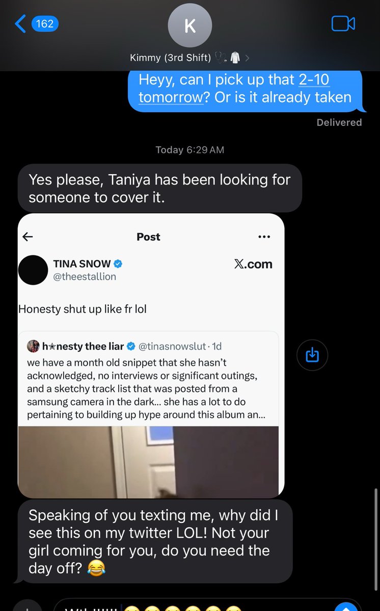 tinasnowslut's tweet photo. I know you fucking lying 😭 my manager?? megan you gon pay for this shit ON GOD https://t.co/5J5o3mH1EB