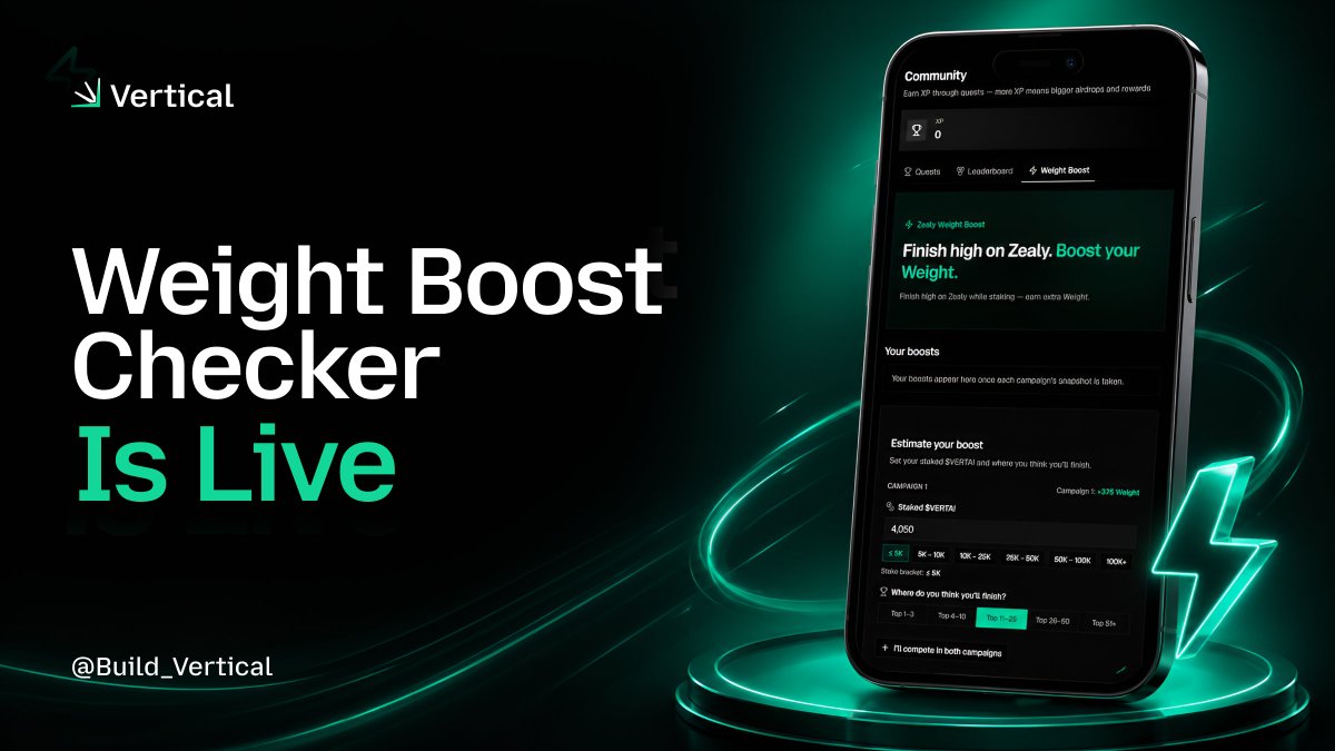 Build_Vertical's tweet photo. Weight Boost Checker is now live! ⚡️

Battled your way through either of our two Zealy campaigns?

Check how much Weight you've earned

Reminder
Your Weight determines your share of the @vAPI_Network airdrop - the first protocol incubated by Vertical

Check your boost 👇 https://t.co/taNY4sNvbl