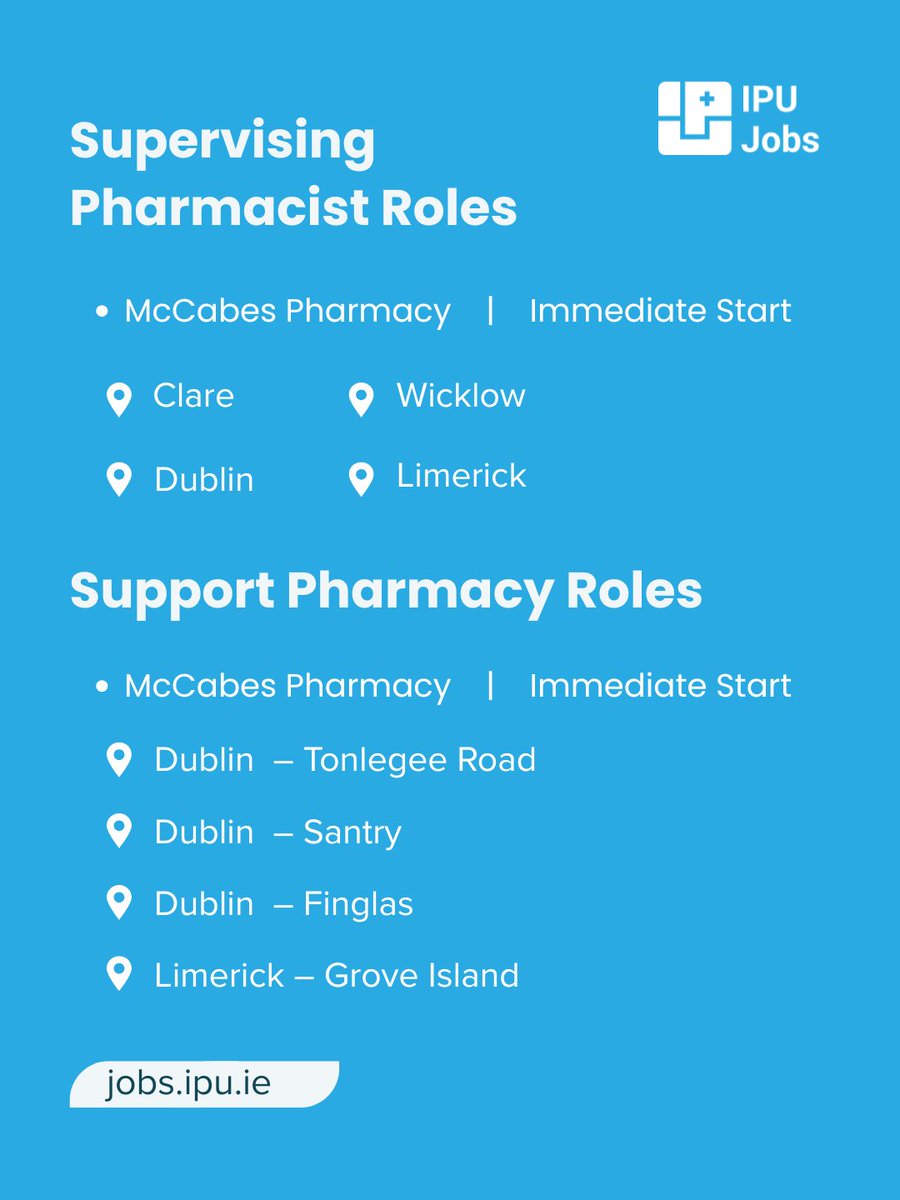 IrishPharmacy's tweet photo. 💊 Find your next pharmacy role with IPU Jobs.

New opportunities with McCabes Pharmacy are now available across Dublin, Limerick, Wicklow and Clare.

👉 Visit https://t.co/HURr9bRH6n to view these and other pharmacy vacancies.

#IPUJobs #PharmacyJobs #NowHiring #PharmacistJobs #HealthcareCareers
