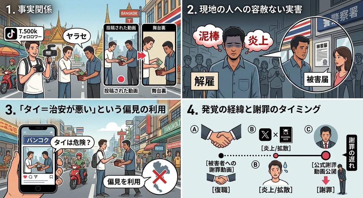 JapaneseAjarn's tweet photo. フォロワー50万人超のTikToker。

タイで財布は盗まれるんか？って検証動画を上げた。

…と思ったら、ヤラセ。

金払ってタイ人男性に財布を抜き取らせてな、それを本物のスリに遭ったみたいに投稿。

その結果、その男性は泥棒扱いされて失職やで。

タイは治安が悪い国って偏見まで拡散。

被害者に謝罪して男性は復職できたらしいんやけど、公式に謝罪動画を出したんは炎上して逃げ切れんと分かってからやで。

バズのためなら、他人の人生も国のイメージも壊してええんか？

こんなんエンタメちゃう。ただの加害や。

タイを舐めるのも大概にせえ。