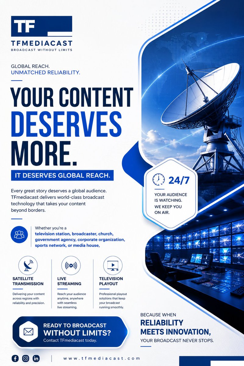tfmediacast's tweet photo. Your Content Deserves More Than Just Views—It Deserves Global Reach.

 TFmediacast delivers world-class broadcast technology that takes your content beyond borders.
Ready to broadcast without limits?
📩 Contact TFmediacast today.
#TFmediacast #BroadcastSolutions https://t.co/btmZgBD7HW